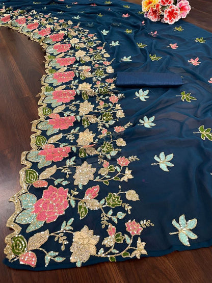 Teal Floral Sequence Georgette Saree