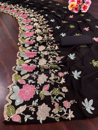 Black Floral Sequence Georgette Saree