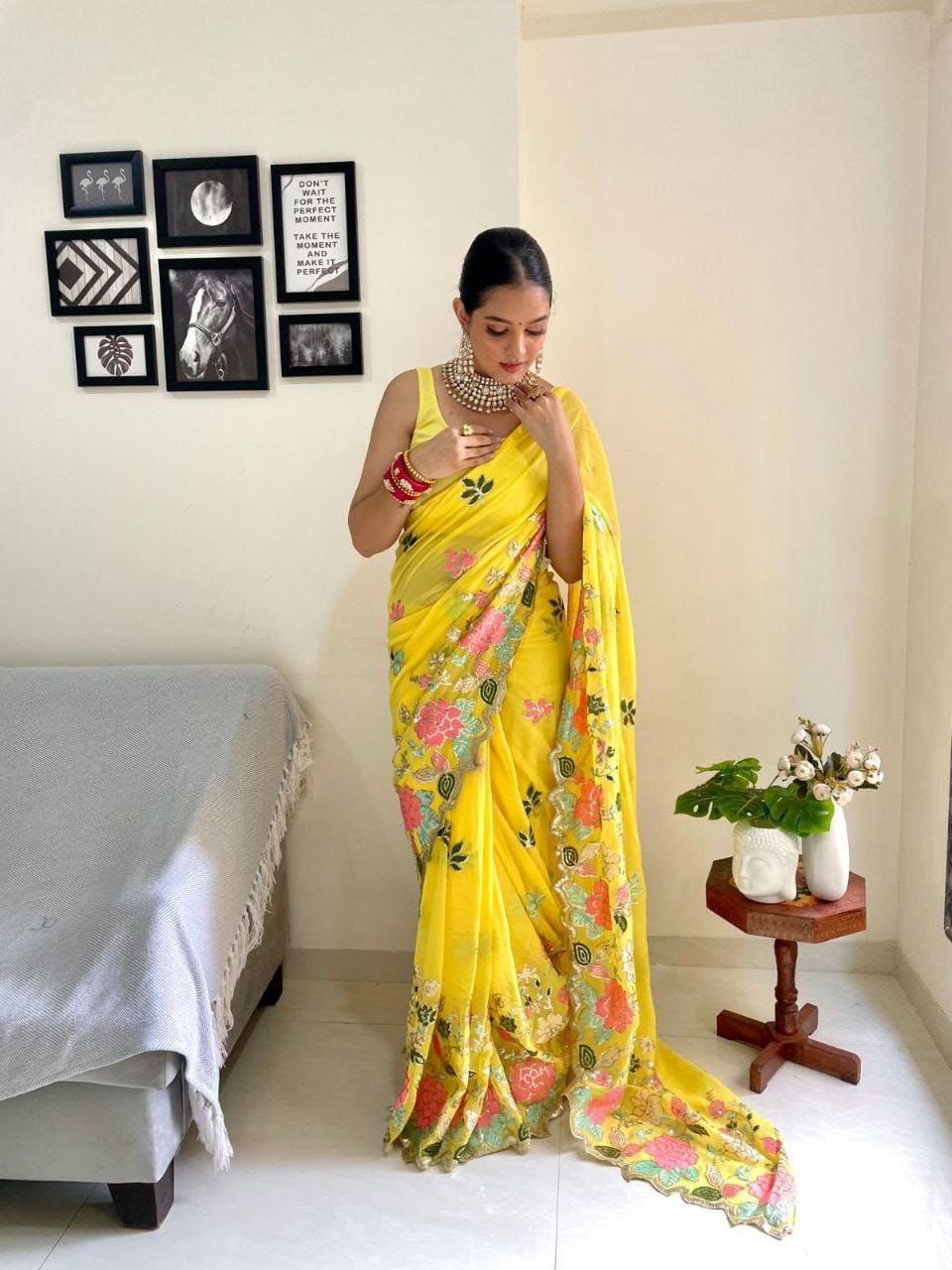 Yellow Floral Sequence Georgette Saree