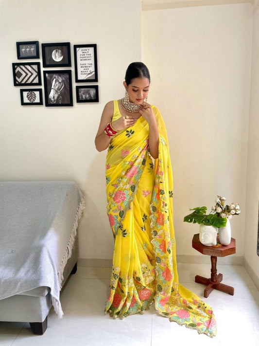 Yellow Floral Sequence Georgette Saree