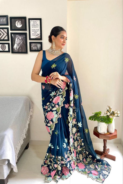 Teal Floral Sequence Georgette Saree