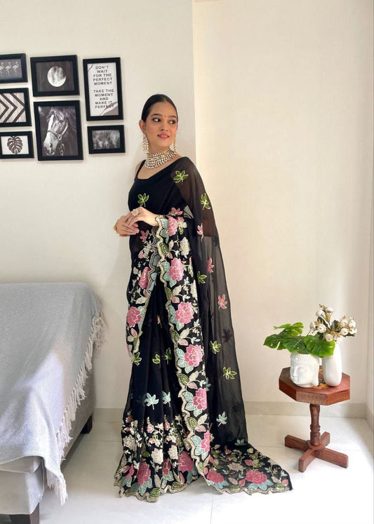 Black Floral Sequence Georgette Saree