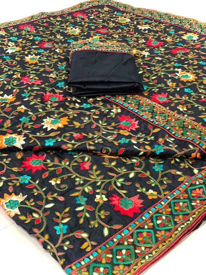 Black Kashmiri Work Chinon Silk Saree