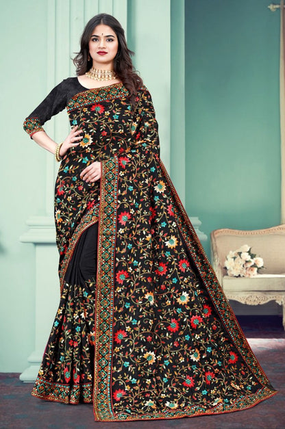 Black Kashmiri Work Chinon Silk Saree