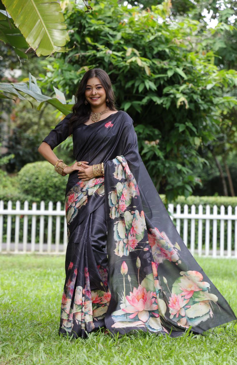 Black Lotus Printed Tussar Silk Saree