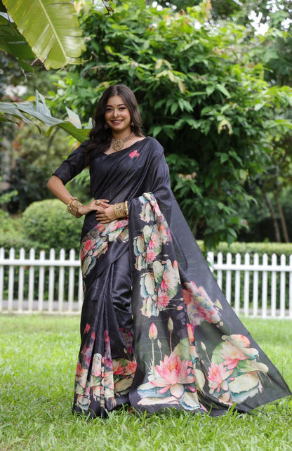 Black Lotus Printed Tussar Silk Saree