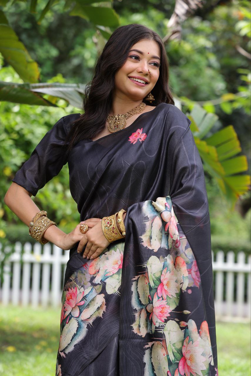 Black Lotus Printed Tussar Silk Saree