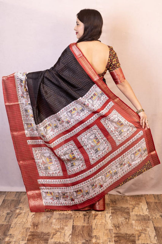 Black Madhubani Printed Cotton Crape Chex Saree