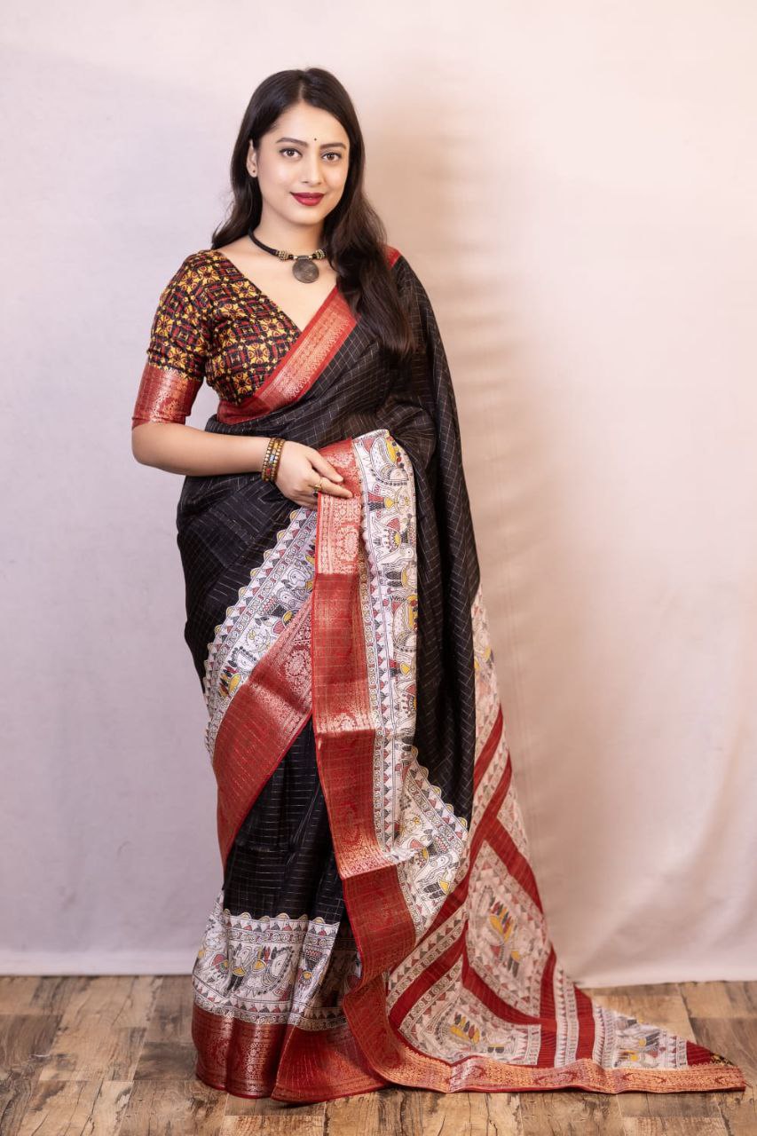 Black Madhubani Printed Cotton Crape Chex Saree