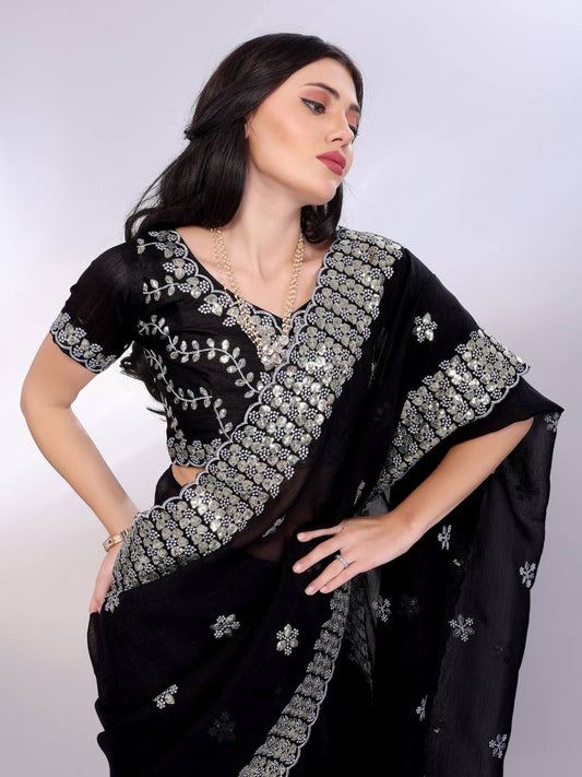 Black Modern Gold Tussar Silk Saree