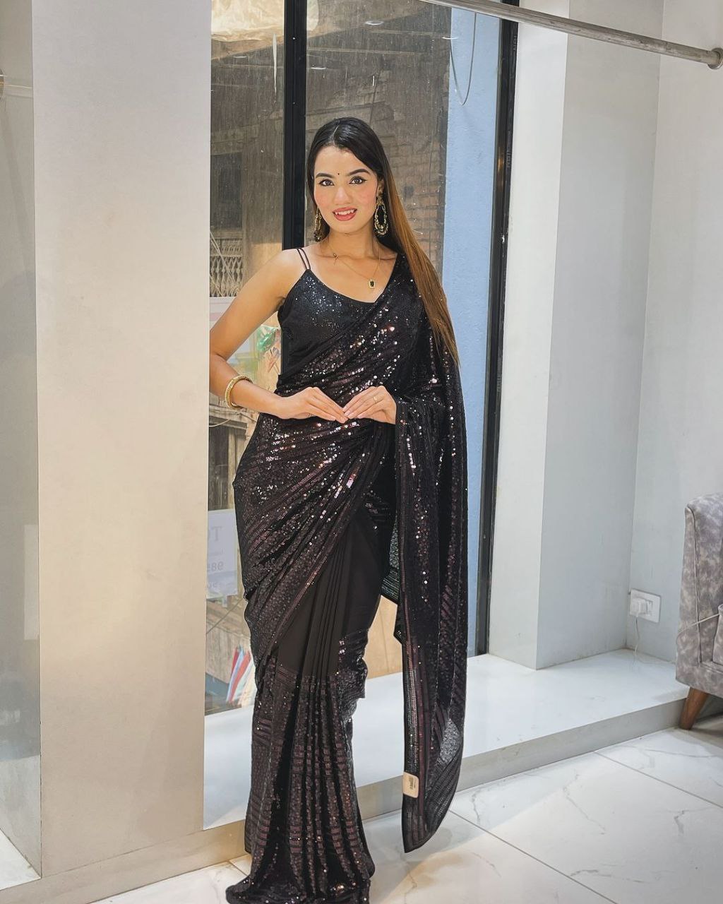 Black Party Wear Bollywood Georgette Saree | Replica Design