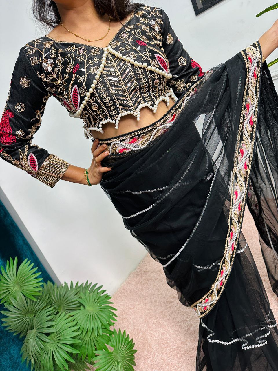 Black Party Wear Butterfly Net Saree