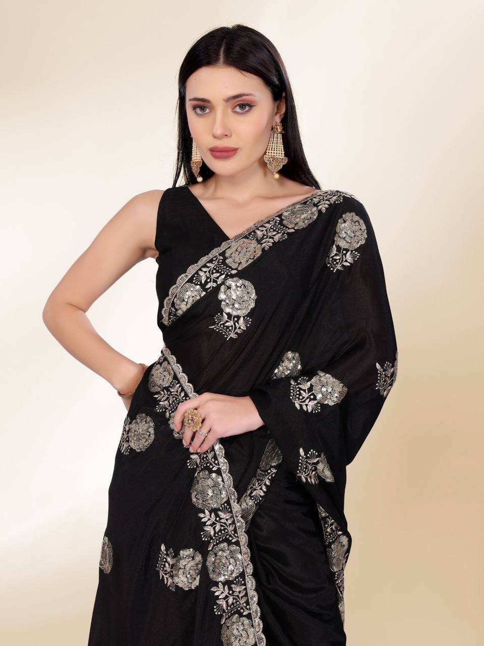Black Party Wear Chinon Silk Saree