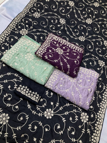 Wine Purple Silver Party Wear Chinon Silk Saree