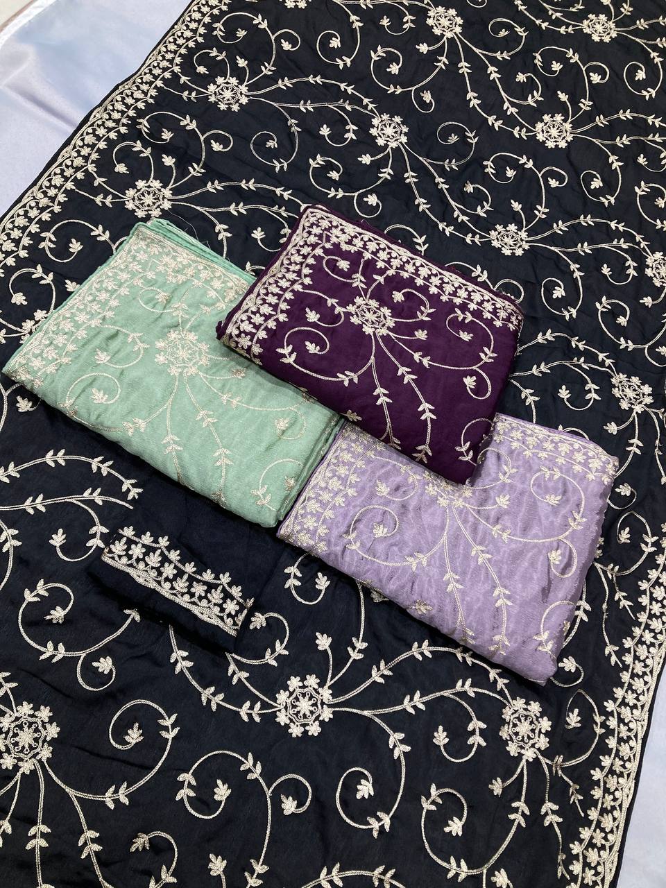 Lavender Silver Party Wear Chinon Silk Saree