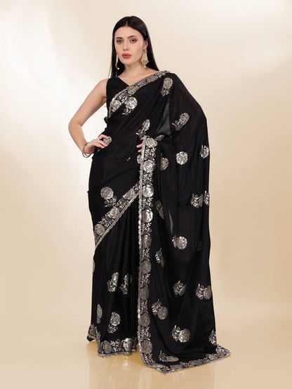 Black Party Wear Chinon Silk Saree