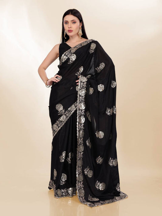 Black Party Wear Chinon Silk Saree