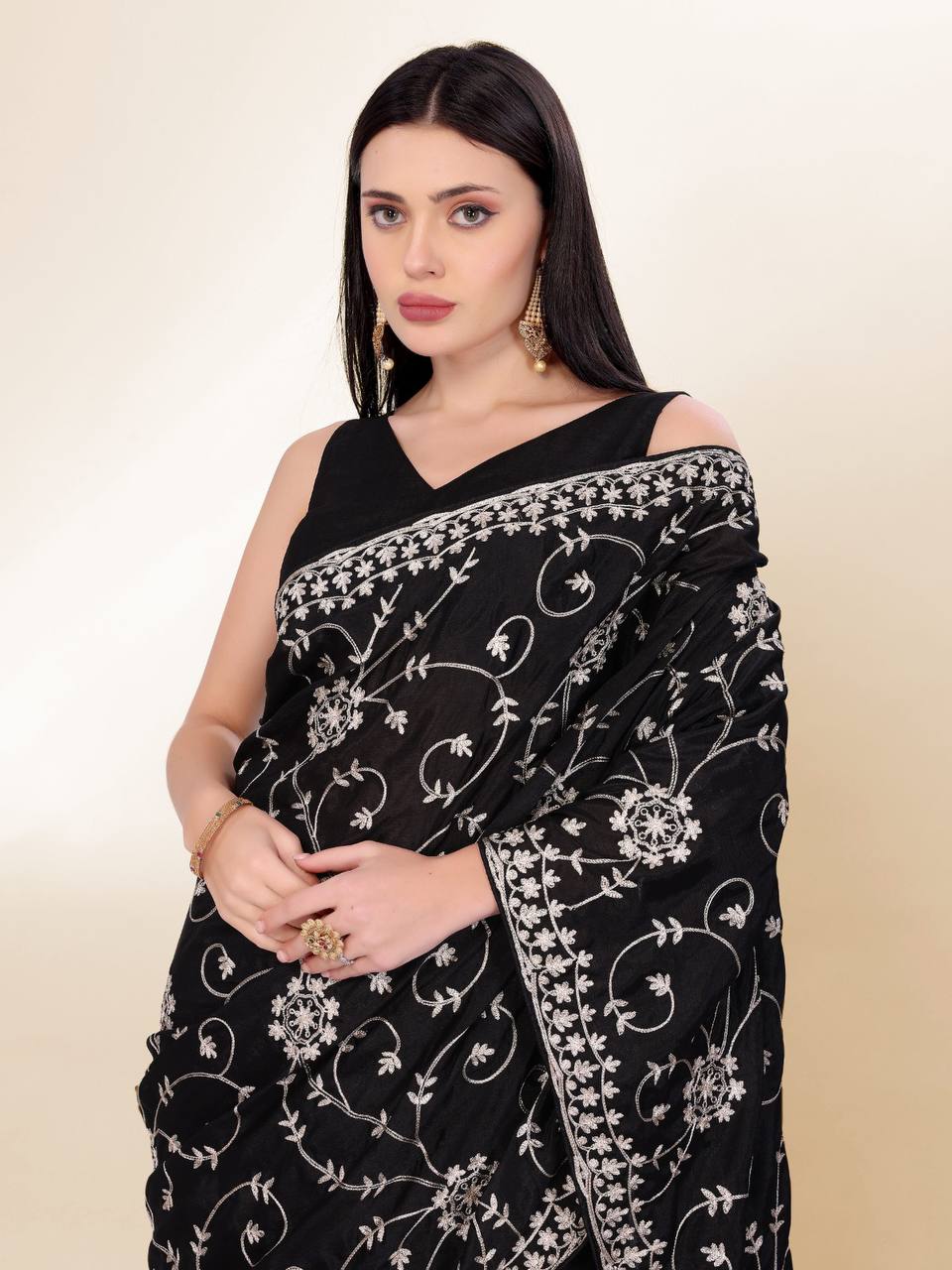 Black Party Wear Chinon Silk Saree
