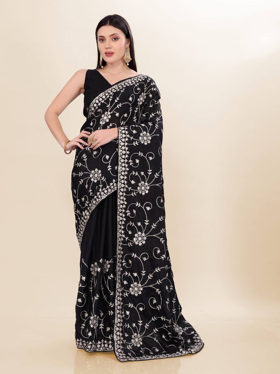 Black Party Wear Chinon Silk Saree