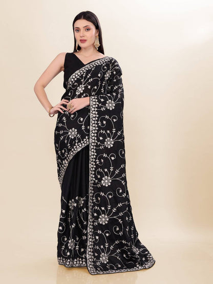 Black Party Wear Chinon Silk Saree