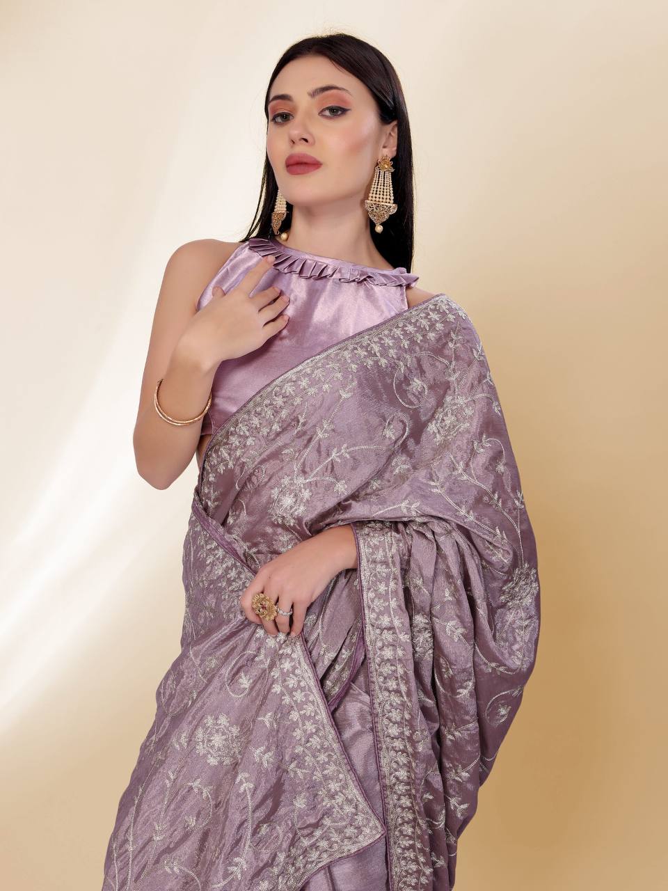 Lavender Silver Party Wear Chinon Silk Saree