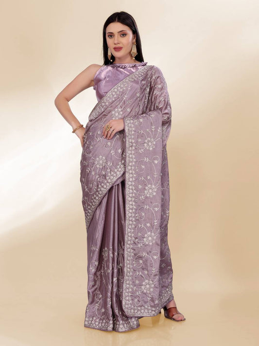 Lavender Silver Party Wear Chinon Silk Saree
