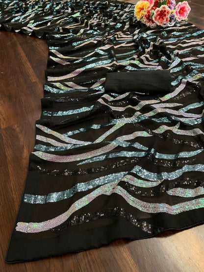 Black Party Wear Sequence Georgette Saree