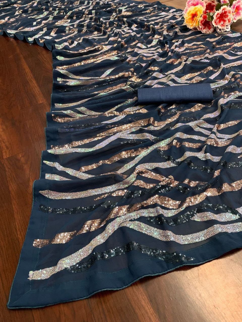 Teal Party Wear Sequence Georgette Saree