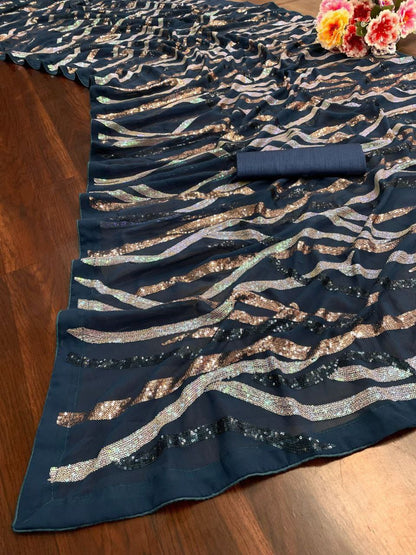 Teal Party Wear Sequence Georgette Saree