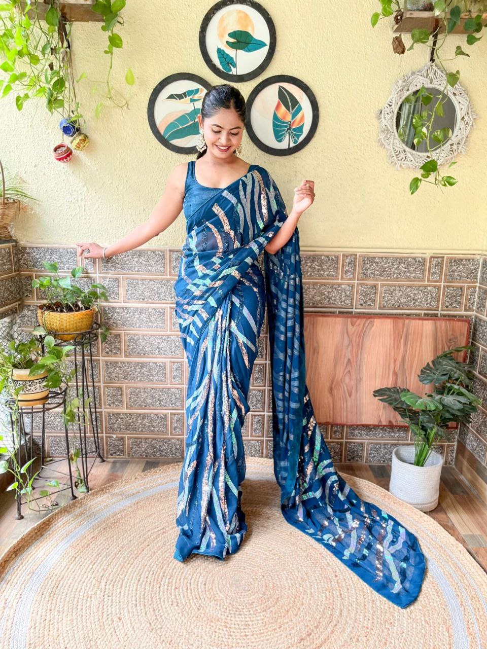 Teal Party Wear Sequence Georgette Saree