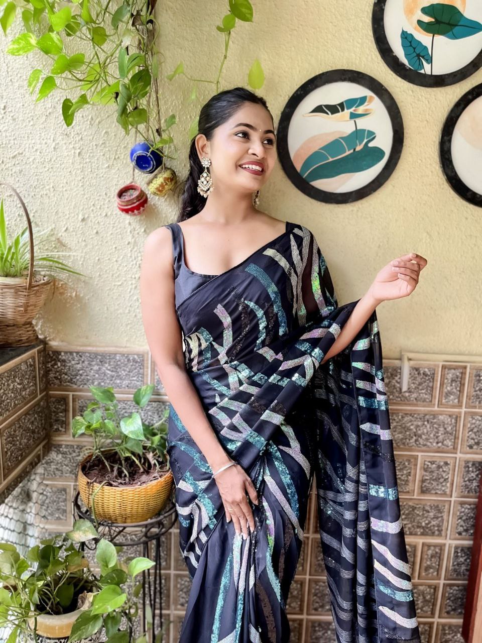 Black Party Wear Sequence Georgette Saree