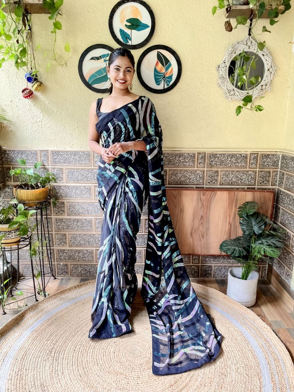 Black Party Wear Sequence Georgette Saree