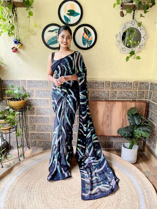 Black Party Wear Sequence Georgette Saree