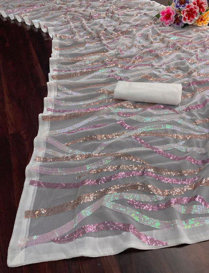 White Party Wear Sequence Georgette Saree