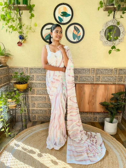 White Party Wear Sequence Georgette Saree