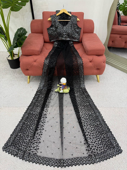 Black Party Wear Sequenced Work Net Saree