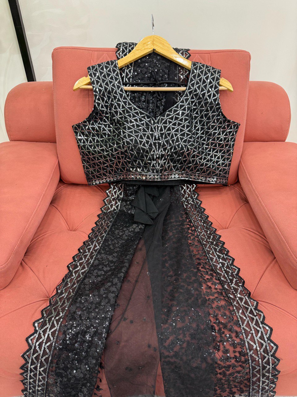 Black Party Wear Sequenced Work Net Saree