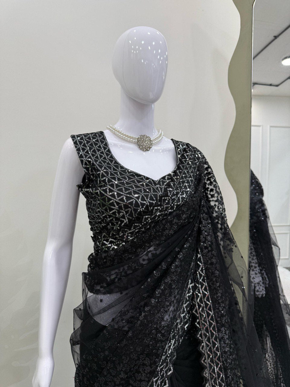 Black Party Wear Sequenced Work Net Saree