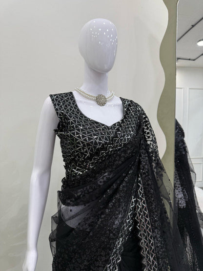 Black Party Wear Sequenced Work Net Saree