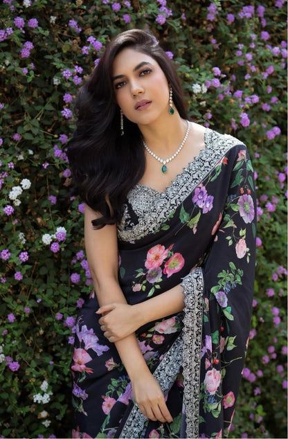 Black Party Wear Stylish Georgette Saree | Clone Design