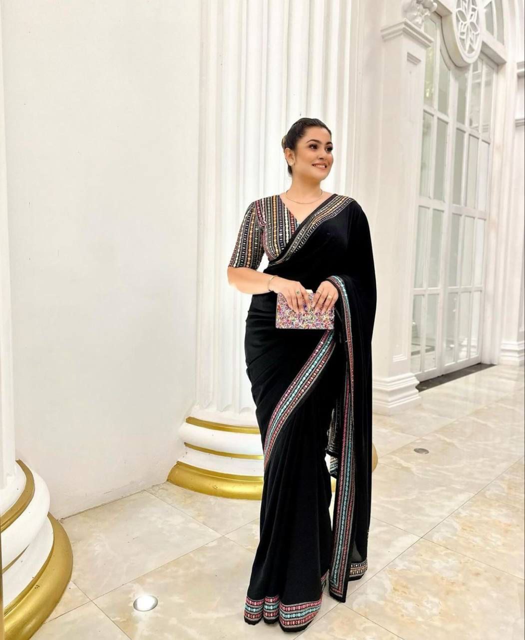 Black Party Wear Stylish Georgette Saree | Clone Design