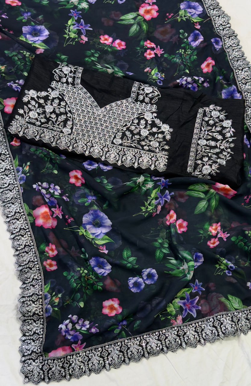 Black Party Wear Stylish Georgette Saree | Clone Design