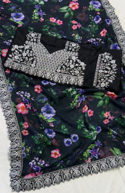 Black Party Wear Stylish Georgette Saree | Clone Design