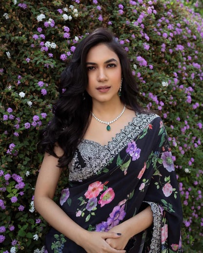 Black Party Wear Stylish Georgette Saree | Clone Design