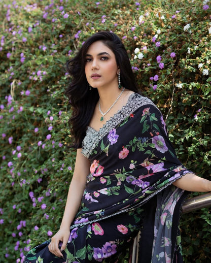 Black Party Wear Stylish Georgette Saree | Clone Design