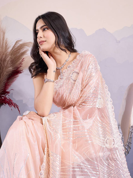 Cream Party Wear Twill Net Saree