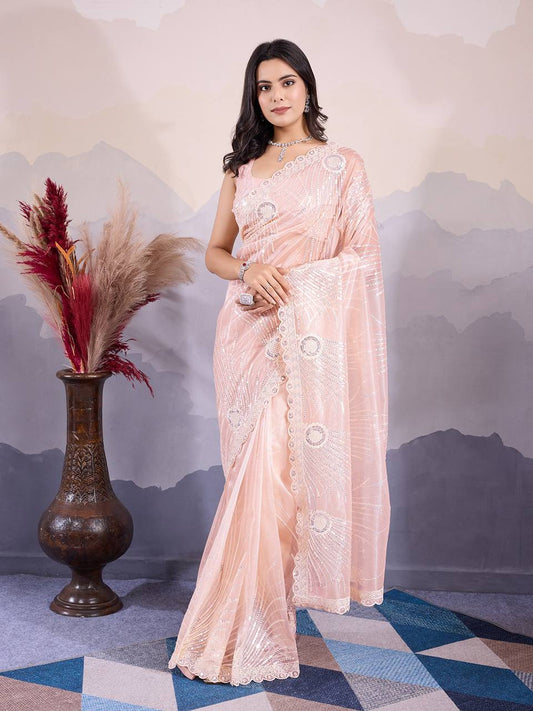 Cream Party Wear Twill Net Saree