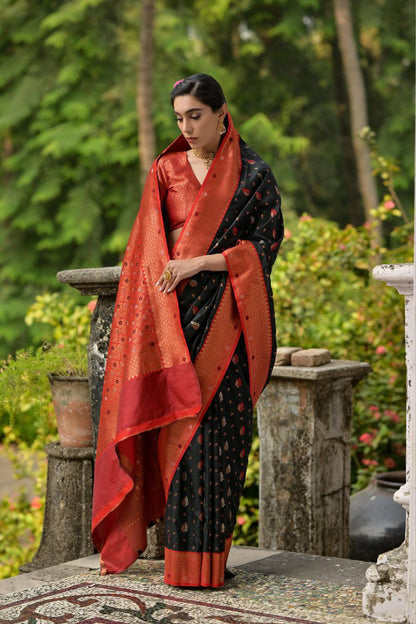 Black Pure Banarasi Silk Saree For Wedding