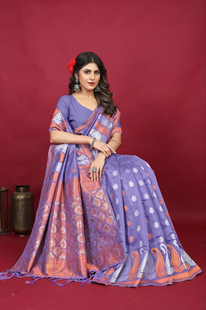 Purple Pure Linen Silk Saree