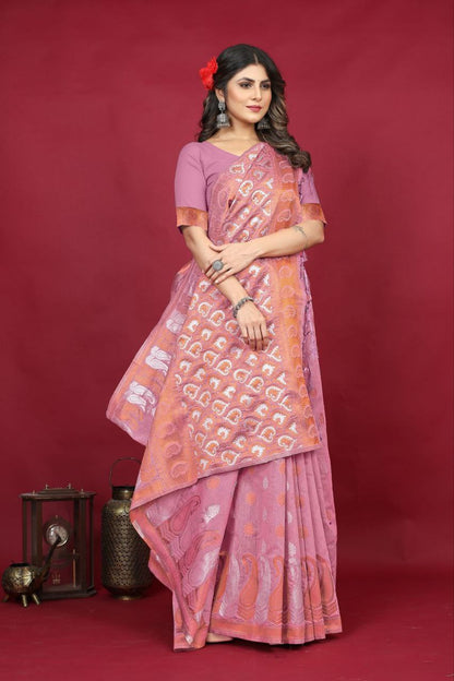 Pink Pure Linen Silk Saree